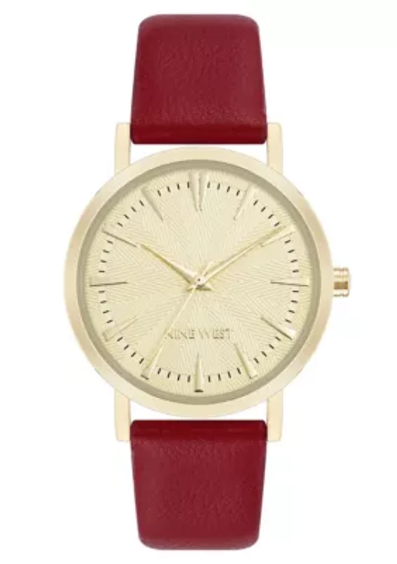 Quartz Round Burgundy Faux Leather Band Watch