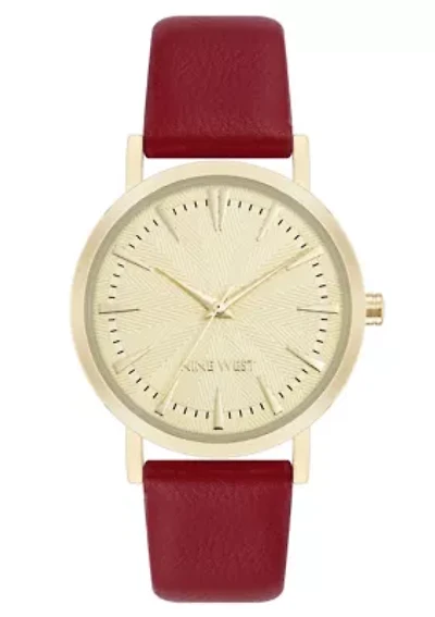 Quartz Round Burgundy Faux Leather Band Watch