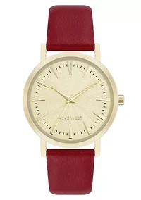 Quartz Round Burgundy Faux Leather Band Watch