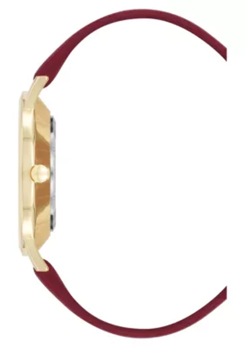 Quartz Round Burgundy Faux Leather Band Watch