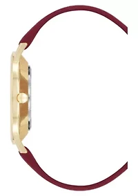 Quartz Round Burgundy Faux Leather Band Watch