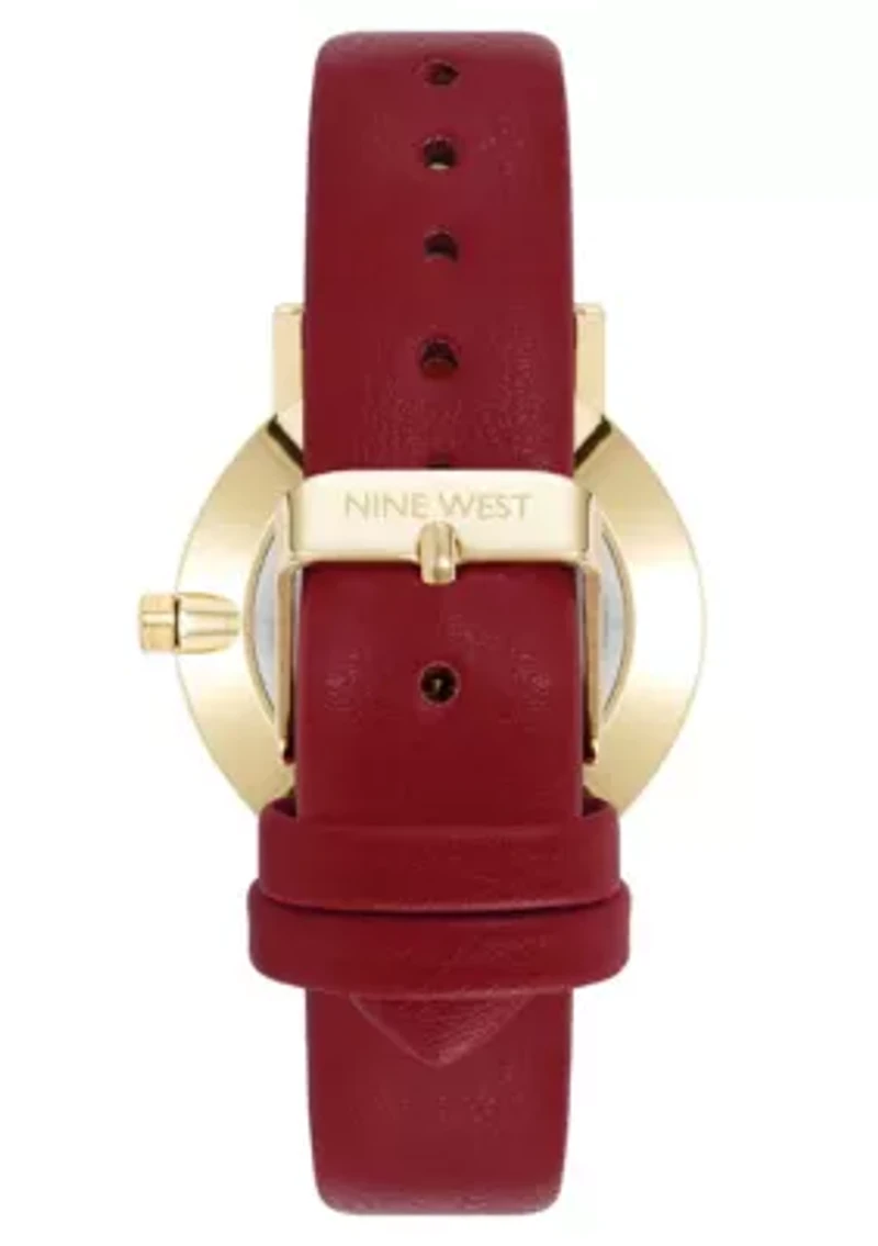 Quartz Round Burgundy Faux Leather Band Watch