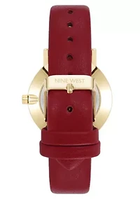 Quartz Round Burgundy Faux Leather Band Watch