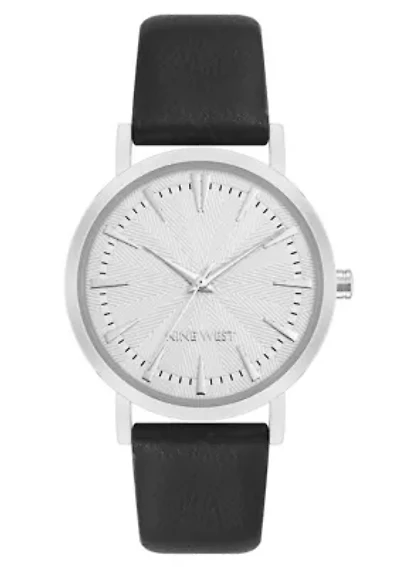 Quartz Round Black Faux Leather Band Watch