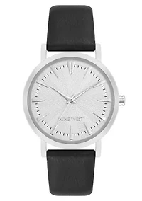 Quartz Round Black Faux Leather Band Watch