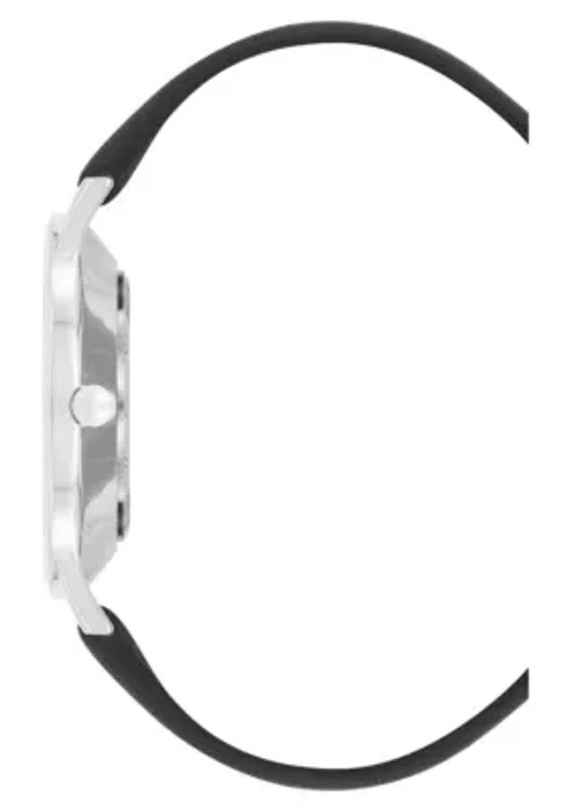 Quartz Round Black Faux Leather Band Watch