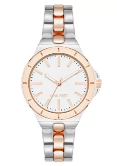 Women's Round Two-tone Metal Alloy Link Bracelet Watch