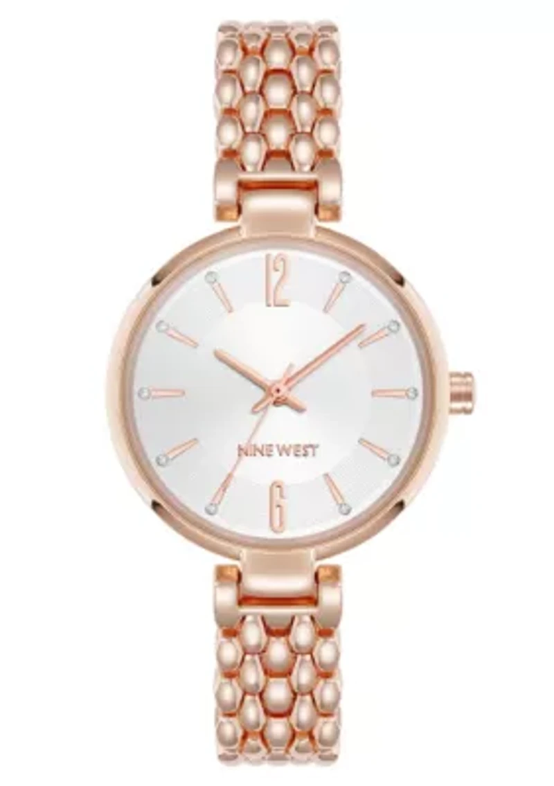 Quartz Round Rose Gold-tone Metal Alloy Link Bracelet Watch