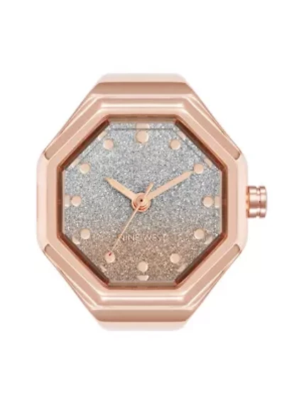 Nine West Women's Quartz Octagonal Ombre Glitter Rose Gold-Tone Metal Alloy Ring Watch, 23mm