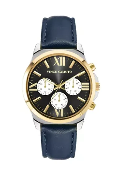 Quartz Dress Navy PU Leather Two-Tone Metal Alloy Watch