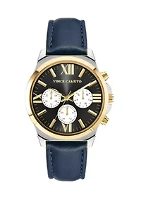 Quartz Dress Navy PU Leather Two-Tone Metal Alloy Watch