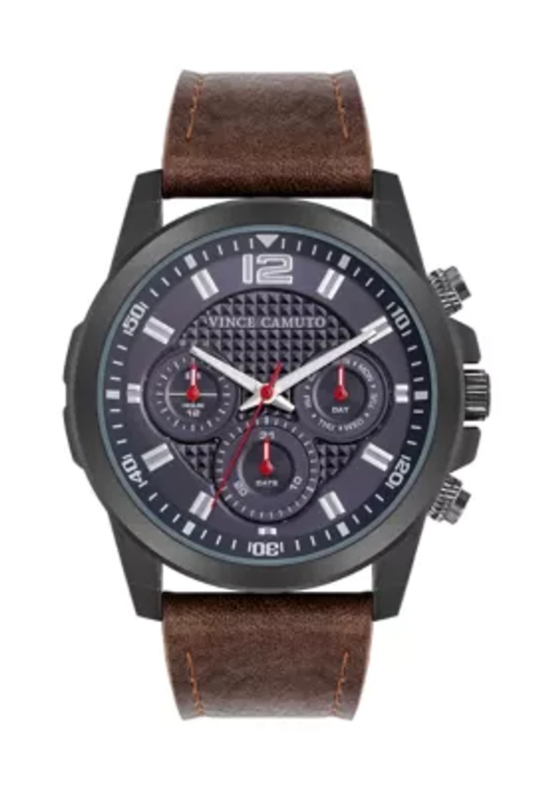 Quartz Rugged Brown PU Leather with Navy Dial Watch