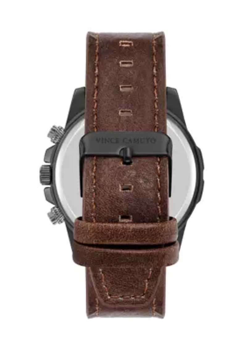 Quartz Rugged Brown PU Leather with Navy Dial Watch