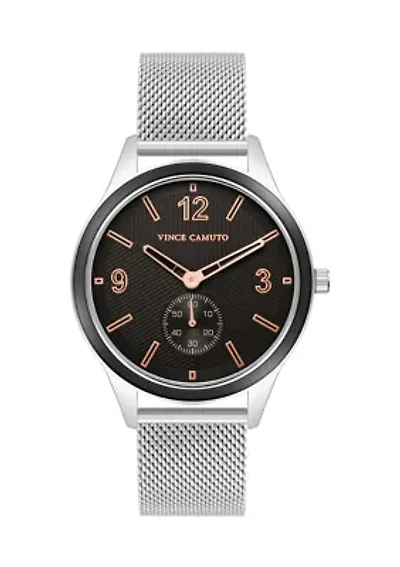 Silver Tone Stainless Steel Mesh Band Watch with Black Dial