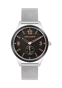 Silver Tone Stainless Steel Mesh Band Watch with Black Dial