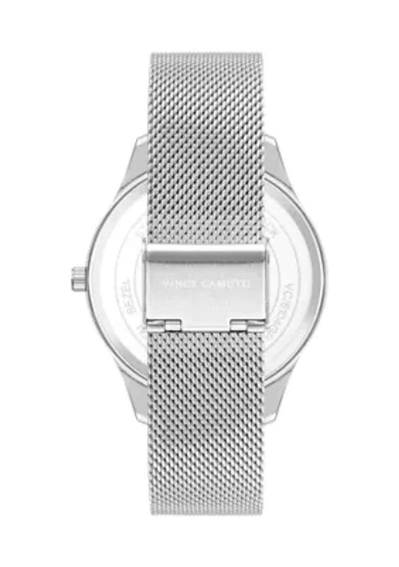 Silver Tone Stainless Steel Mesh Band Watch with Black Dial