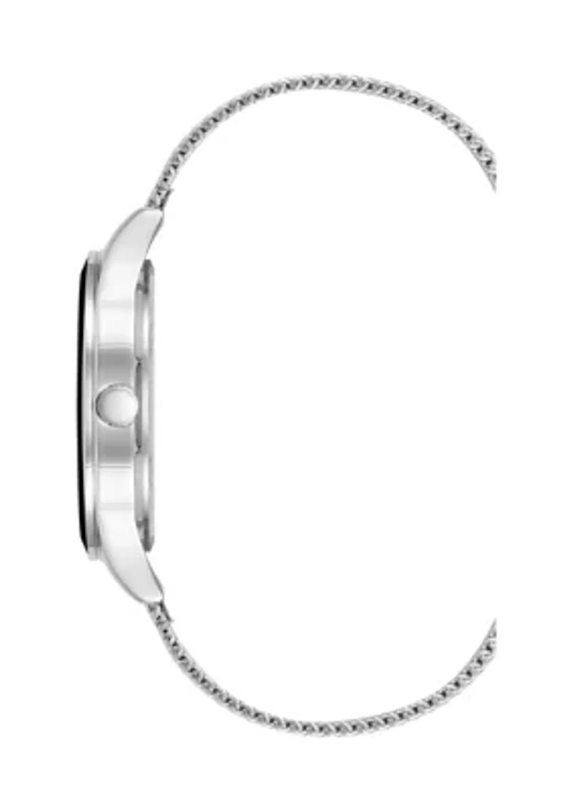 Silver Tone Stainless Steel Mesh Band Watch with Black Dial