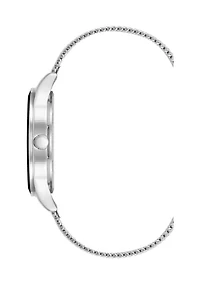 Silver Tone Stainless Steel Mesh Band Watch with Black Dial