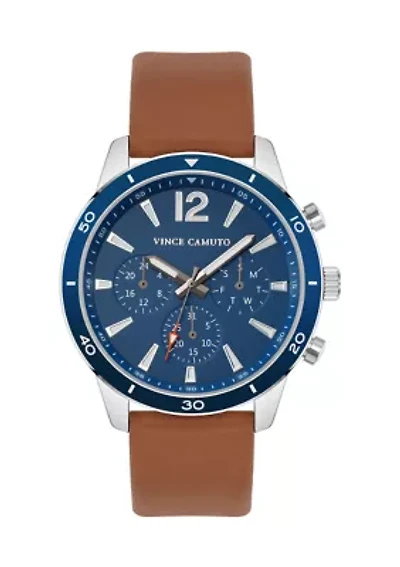 Silver Tone Brown Faux Leather Band Watch with Navy Dial