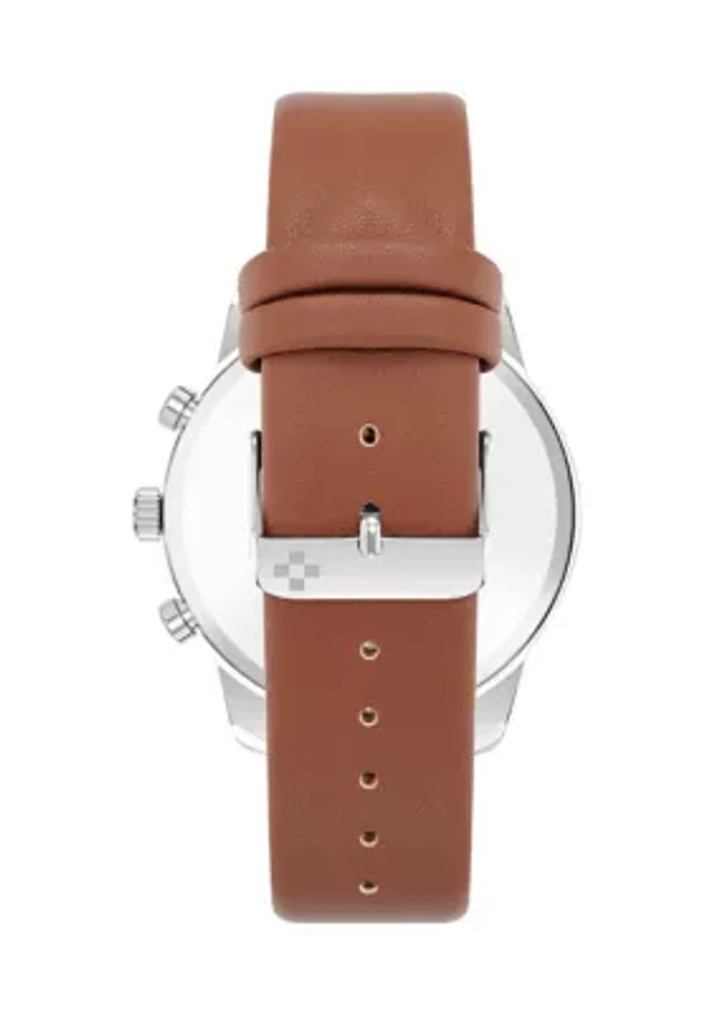 Silver Tone Brown Faux Leather Band Watch with Navy Dial