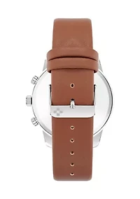 Silver Tone Brown Faux Leather Band Watch with Navy Dial