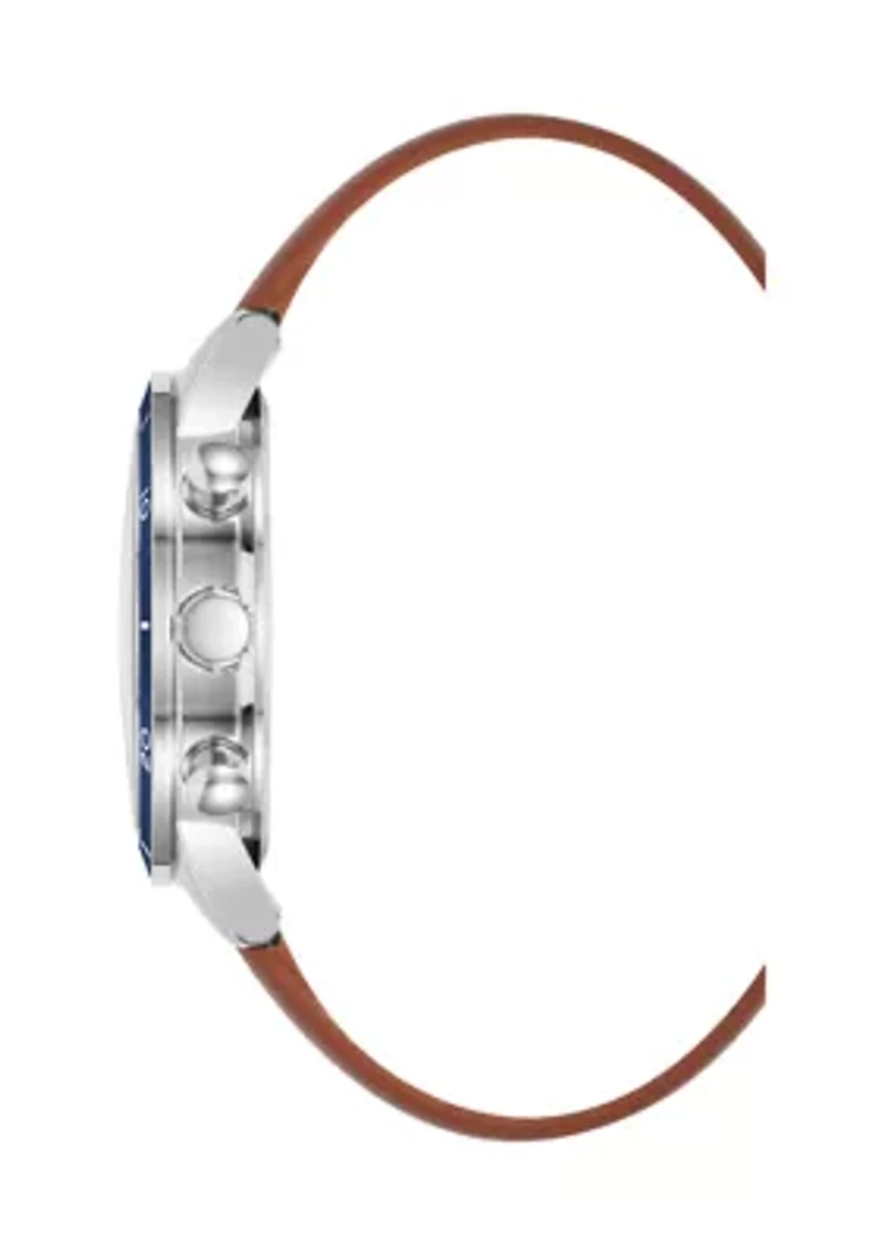 Silver Tone Brown Faux Leather Band Watch with Navy Dial