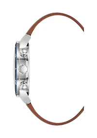 Silver Tone Brown Faux Leather Band Watch with Navy Dial
