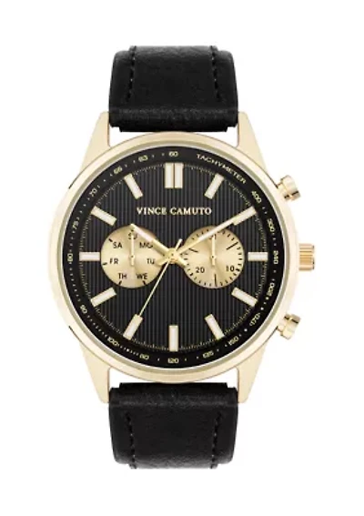 Quartz Sleek Black PU Leather Dual Sub-Dial Watch