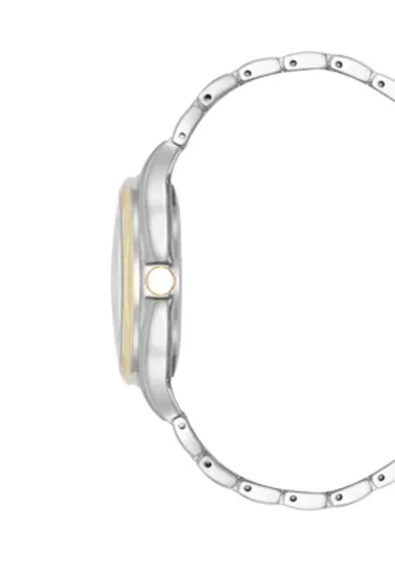 Quartz Two-Tone Metal Alloy Bracelet with Crystal Accented Silver Dial Watch