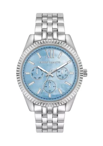 Quartz Polished Silver-Tone Metal Alloy with Light Blue Dial Watch