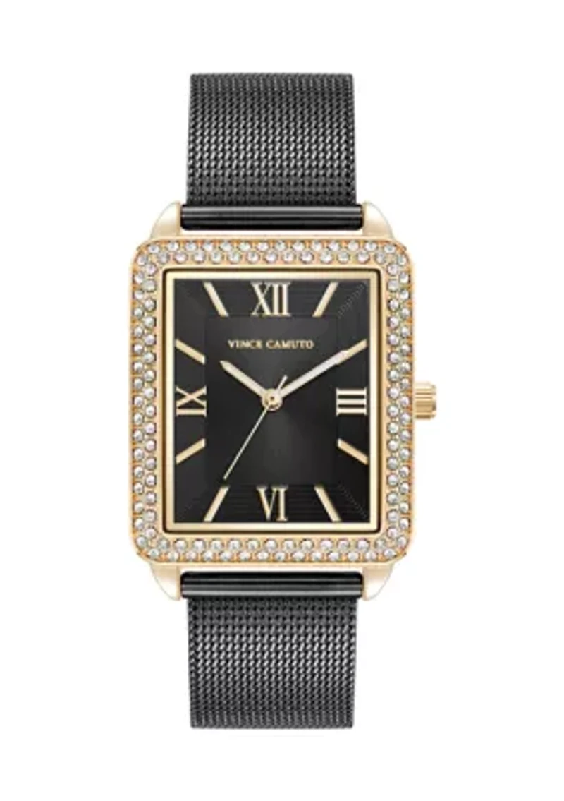 Quartz Silver Tone Stainless Steel Mesh and Rose Gold Metal Alloy Crystal Accented Watch