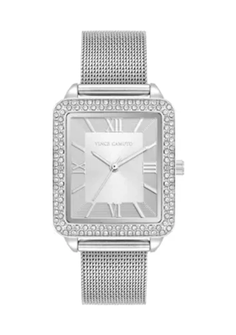 Silver Tone Stainless Steel Mesh Band Watch with Crystal