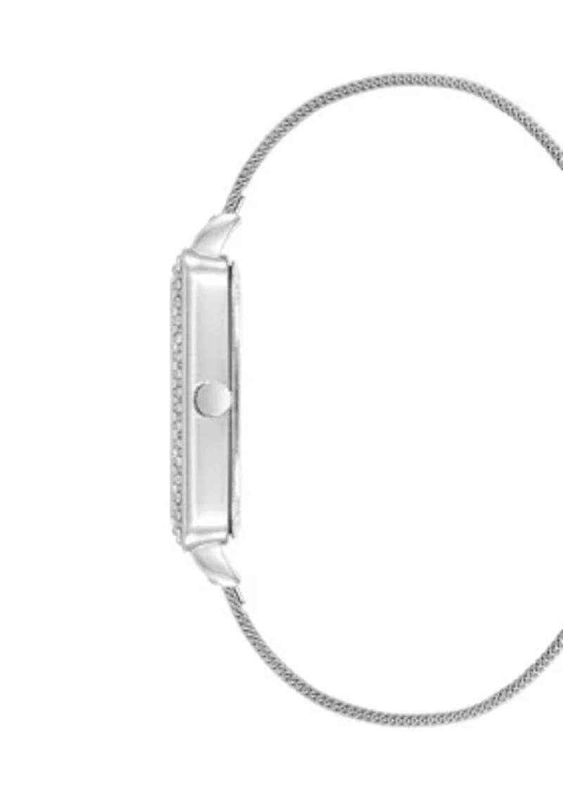   Silver Tone Stainless Steel Mesh Band Watch with Crystal 