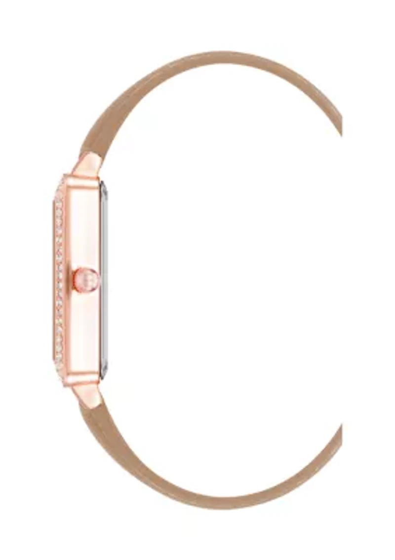   Beige Faux Leather Band Watch with Crystal 
