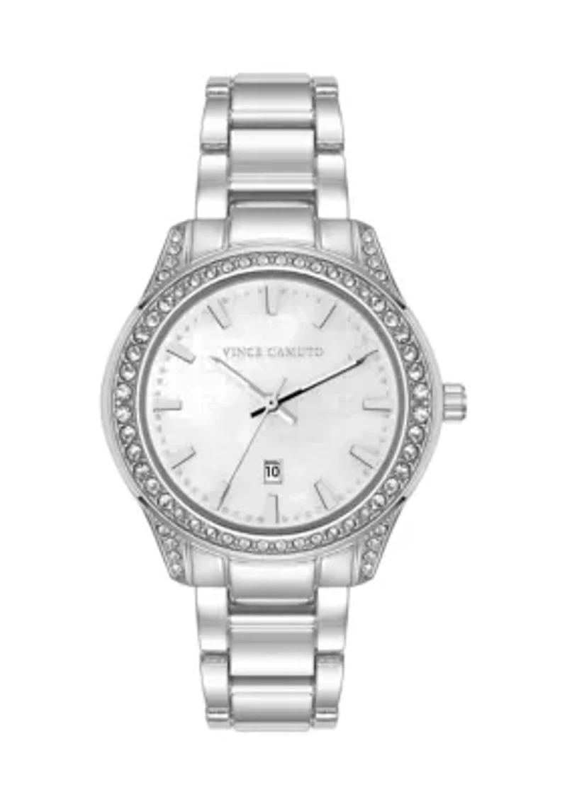 Quartz Silver-Tone Metal Alloy Crystal Bezel Watch
