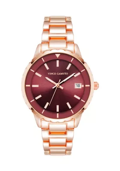 Quartz Burgundy and Rose Gold-Tone Metal Alloy Watch