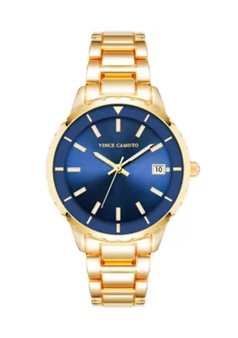   Gold Tone Metal Band Watch with Navy Dial 