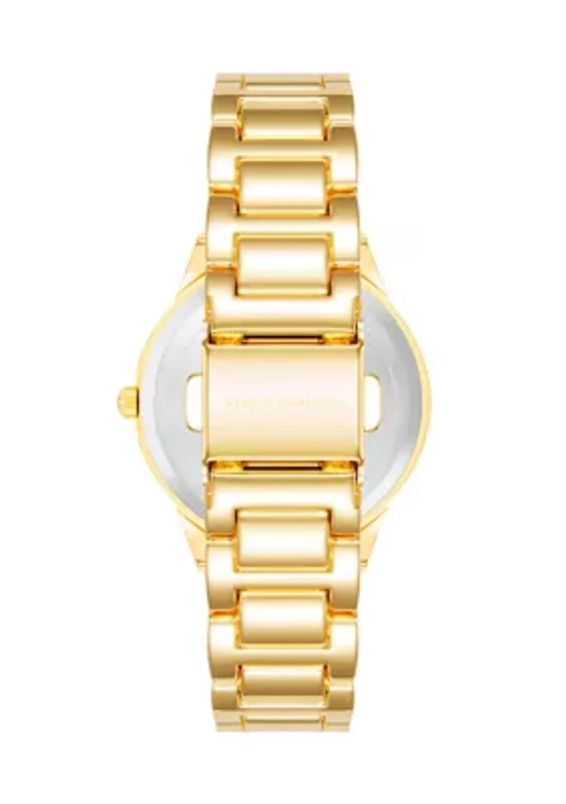   Gold Tone Metal Band Watch with Navy Dial 