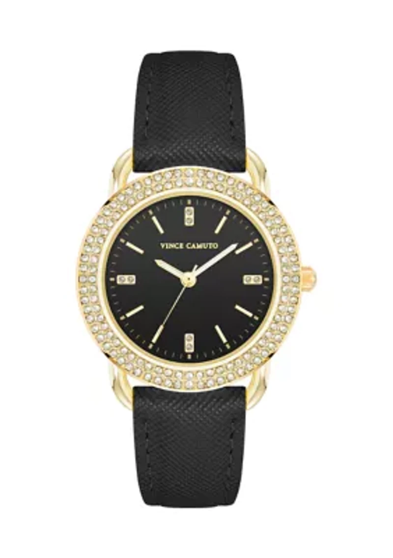 Quartz Round Black Saffiano PU Leather Crystal Accented Watch