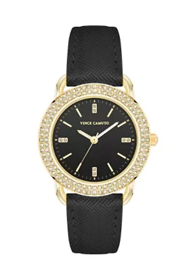 Quartz Round Black Saffiano PU Leather Crystal Accented Watch