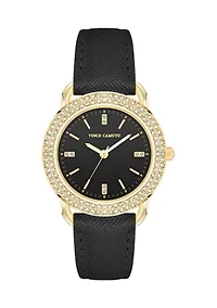 Quartz Round Black Saffiano PU Leather Crystal Accented Watch