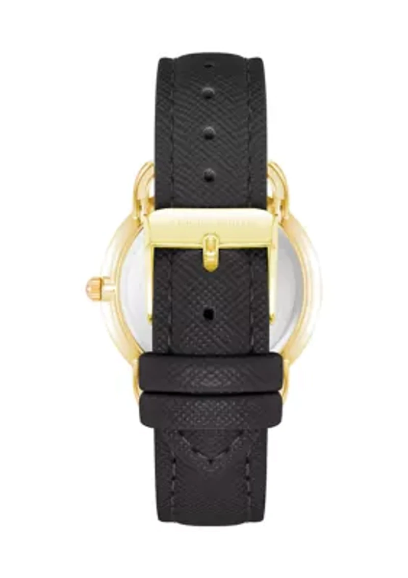Quartz Round Black Saffiano PU Leather Crystal Accented Watch