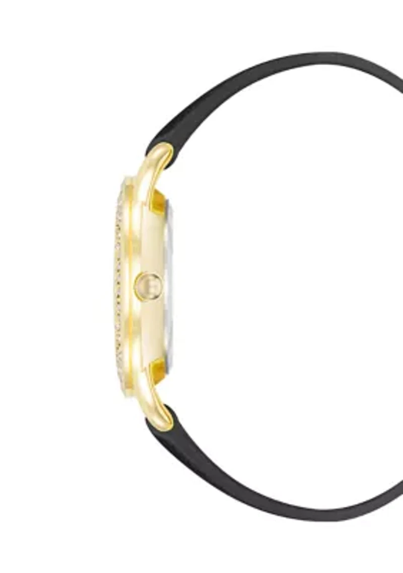 Quartz Round Black Saffiano PU Leather Crystal Accented Watch