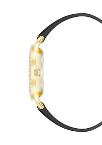 Quartz Round Black Saffiano PU Leather Crystal Accented Watch