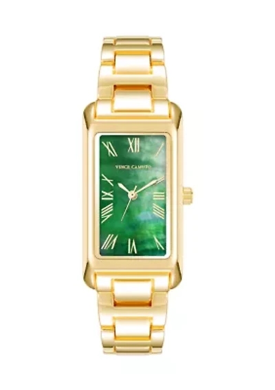Quartz Rectangular Green and Gold-Tone Metal Alloy Watch