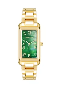 Quartz Rectangular Green and Gold-Tone Metal Alloy Watch