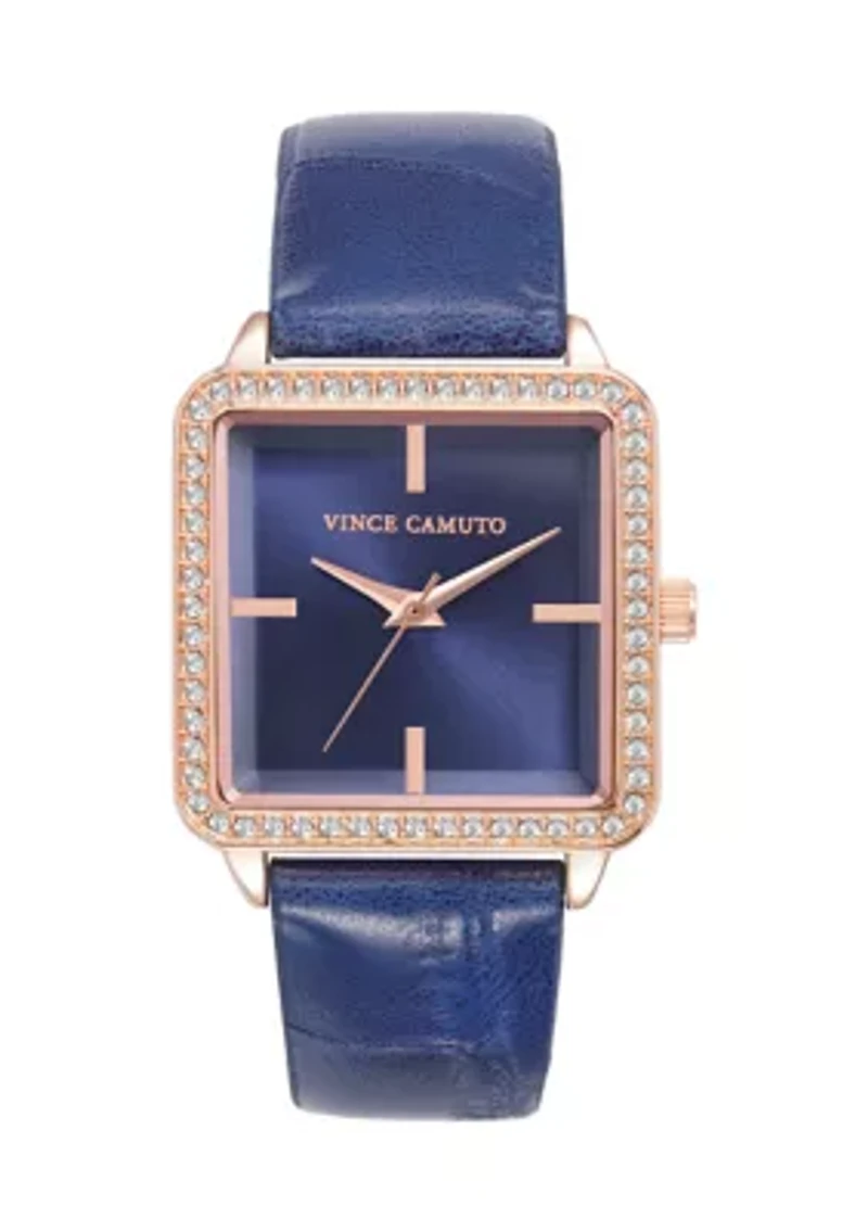 Quartz Navy Croco-Grain PU Leather Crystal Bezel Watch