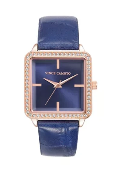 Quartz Navy Croco-Grain PU Leather Crystal Bezel Watch
