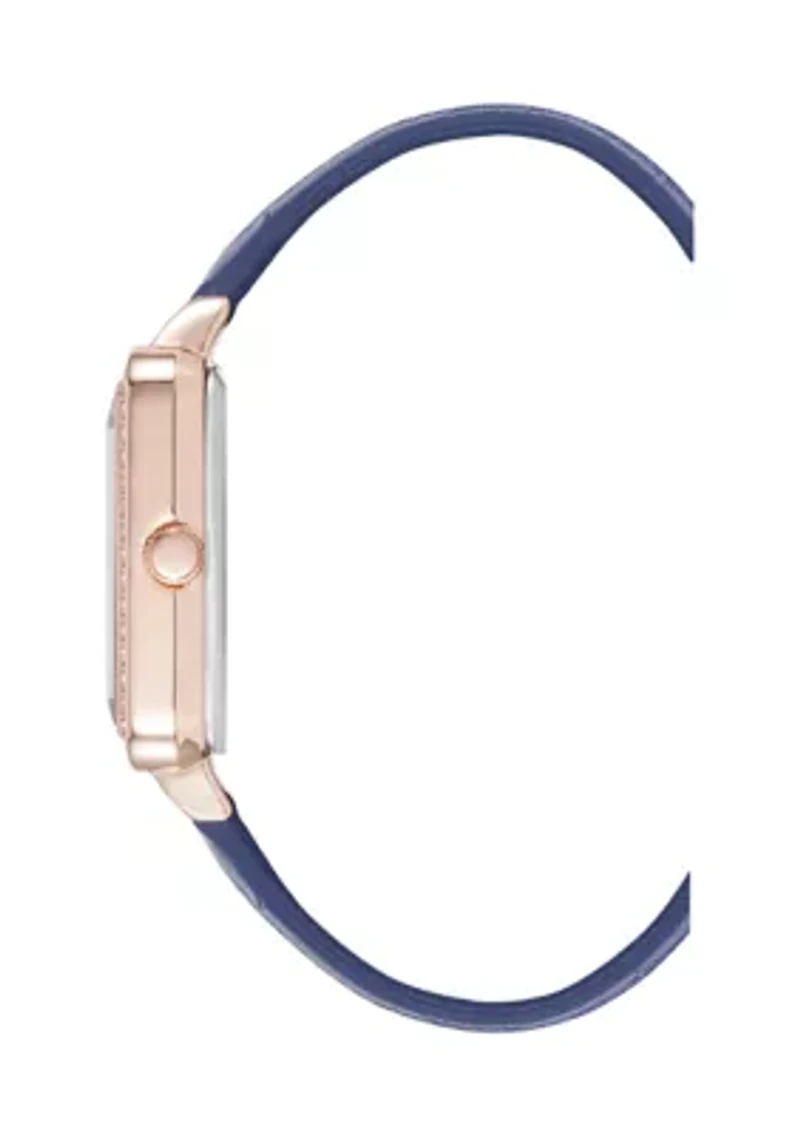 Quartz Navy Croco-Grain PU Leather Crystal Bezel Watch