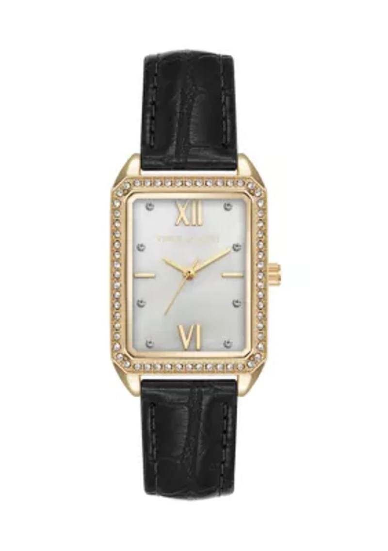 Quartz Rectangular Black Crocograin PU Leather Crystal Accented Watch